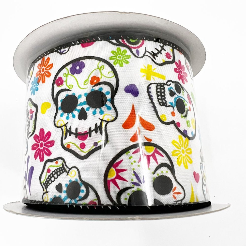 NEW Wired Ribbon Halloween Sugar Skull Day of the Dead White Multicolor 2.5"